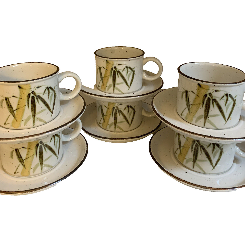 Midwinter Rangoon Stonehenge Bamboo Coffee Tea Mugs With Saucers England Set 6